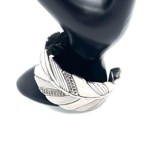 Silver Feather Design Cuff Bracelet with Rhinestones Silver Tone